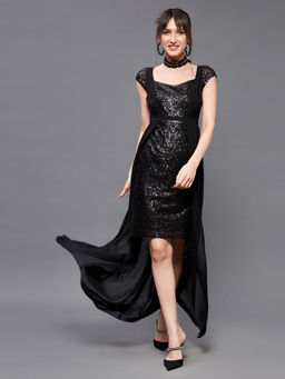 Miss Chase - Women's Black Embellished Fit and Flare Maxi Party Dress