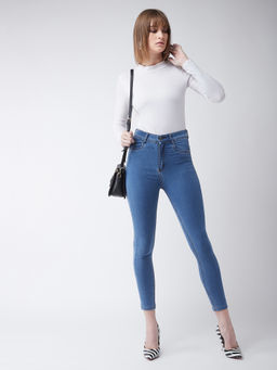 Miss Chase - Womens Blue Skinny High-Rise Distressed Cropped Denim Jeans