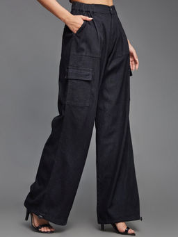 Miss Chase - Women's Black Straight-Fit High-Rise Light Weight Denim Parachute Pants