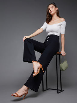 Miss Chase - Womens Black Wide Leg High Rise Regular Stretchable Denim Jeans