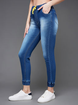 Miss Chase - Womens Navy Blue Mid Rise Clean Look Scraping Detail Ankle Length Denim Joggers