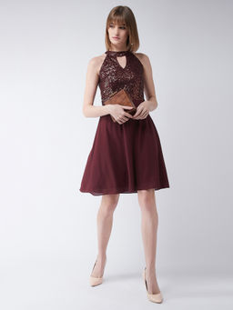 Miss Chase - Womens Wine Halter Neck Sequin Flowy Knee-Long Skater Dress