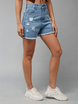 Miss Chase - Women's Light Blue Relaxed Fit Mid Rise Highly Distressed Regular Denim Shorts