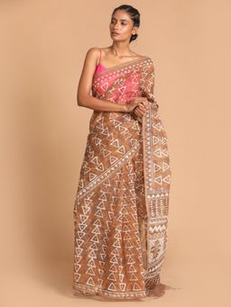 Indethnic - Brown Printed Super Net Saree with Unstitched Blouse