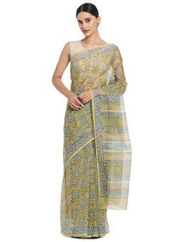 Fabindia - Cotton Silk Hand Block Print Sari (Green)