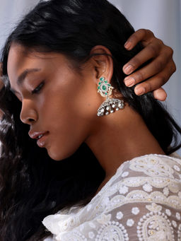 Indya - Dual Tone Green Stone Jali Jhumka Earrings