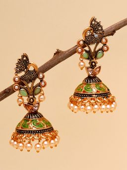 Karatcart - Gold Plated Light Green Stone Studded Peacock Shape Jhumki Earrings for Women