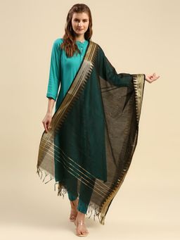 Dupatta Bazaar - Womens Black Silk with Gold Temple Border Dupatta