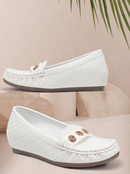 Carlton London - Women White Slip-On Gold-Toned Eyelets Loafers