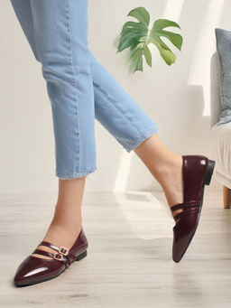 ELLE - Women Wine Double-Strap Pointed-Toe Mary Jane Flats