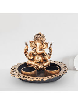 HomeTown - Grace Ganesh Round Tray with Teal Light Polyresin Idols in Gold Colour