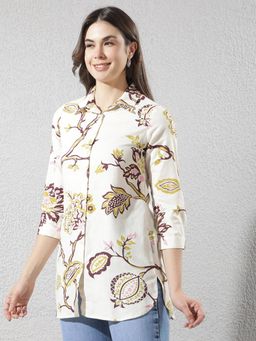 CRIMSOUNE CLUB - Women'S Multi-Color Botanical Print Longline Linen Shirt