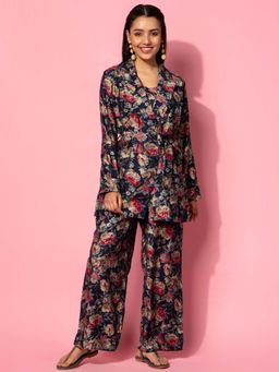 Libas - Women Floral Printed Navy Blue Co-Ord (Set of 4)