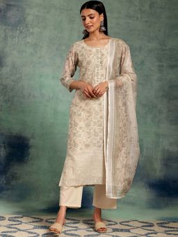 Libas - Beige Printed Kurta and Pant with Dupatta (Set of 3)