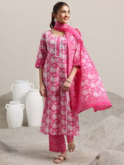 Libas - Pink Floral Printed Straight Kurta and Pant with Dupatta (Set of 3)