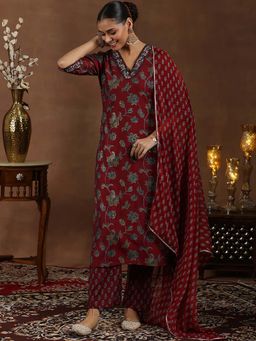 Libas - Maroon Floral Straight Kurta and Pant with Dupatta (Set of 3)