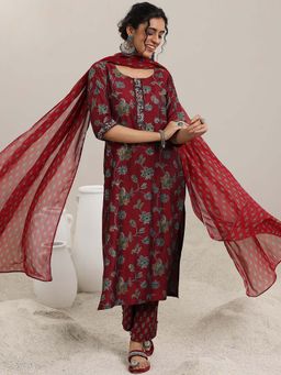 Libas - Maroon Floral Printed Straight Kurta and Pant with Dupatta (Set of 3)