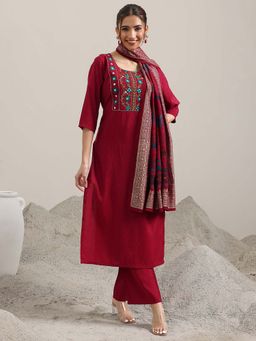 Libas - Red Floral Yoke Embroidered Straight Kurta and Pant with Dupatta (Set of 3)