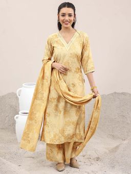 Libas - Yellow Floral Printed Straight Kurta and Pant with Dupatta (Set of 3)