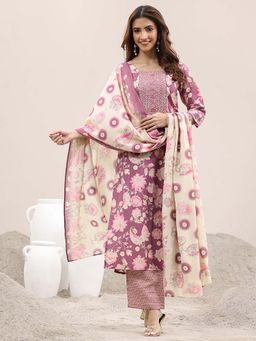 Libas - Mauve Floral Printed Straight Kurta and Pant with Dupatta (Set of 3)