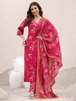Libas - Pink Floral Printed Straight Kurta and Pant with Dupatta (Set of 3)