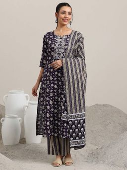 Libas - Purple Floral Printed Straight Kurta and Pant with Dupatta (Set of 3)