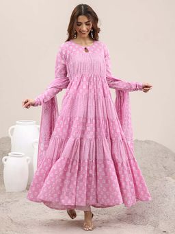 Libas - Pink Printed Cotton Anarkali Sets for Women