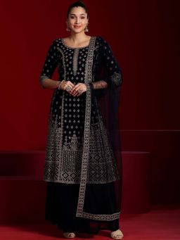 Libas Art - Navy Blue Floral Embroidered Kurta and Palazzo with Dupatta (Set of 3)