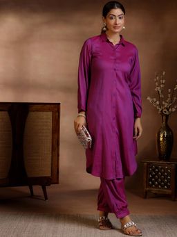 Libas - Magenta Solid Curved Hem Long Kurta and Salwar (Set of 2)