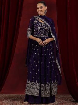 Libas Art - Purple Floral Embroidered Kurta and Palazzo with Dupatta (Set of 3)