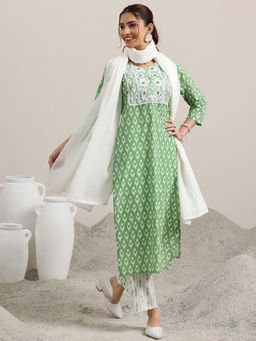 Libas - Green Printed Straight Kurta and Pant with Dupatta (Set of 3)