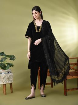 MYSHKA - Black Velvet Kurta and Pant with Dupatta Set (Set of 3)