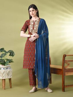 MYSHKA - Cotton Red Printed Kurta and Pant with Dupatta (Set of 3)