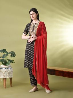 MYSHKA - Cotton Black Printed Kurta and Pant with Dupatta (Set of 3)