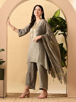 MYSHKA - Grey Embroidered Kurta and Palazzo with Dupatta (Set of 3)