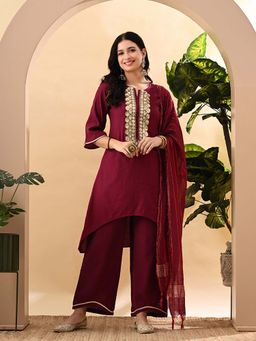 MYSHKA - Magenta Embroidered Kurta and Palazzo with Dupatta (Set of 3)