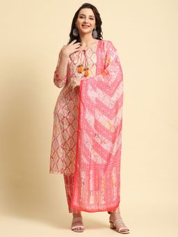 Shree - Women Rayon Pink Ornamental Printed Kurta Trouser Dupatta (Set Of 3)
