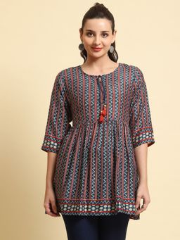 Shree - Women Muslin Navy Blue Stripe Printed Tunic