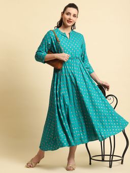 Shree - Women Rayon Turquoise Blue Floral Printed Dress