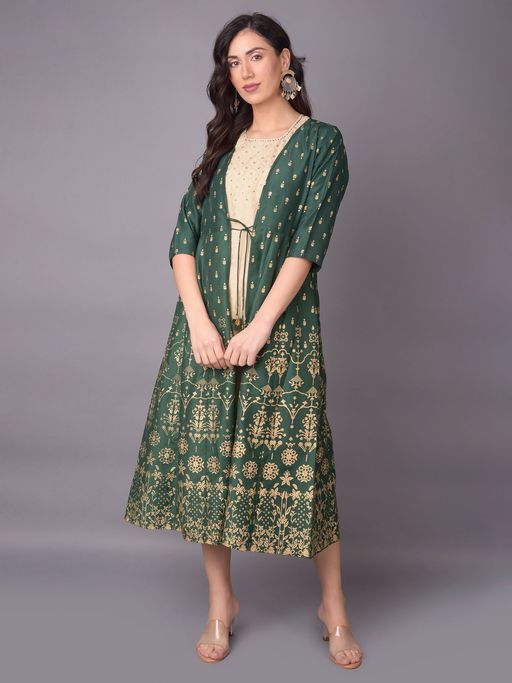 Buy Shree Women Poly Viscose Green Floral Printed Dress With Jacket (Set Of  2) Online