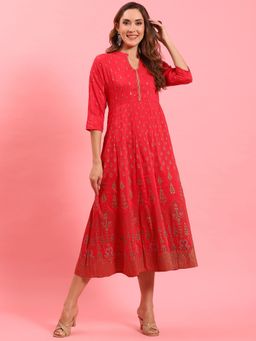 Shree - Women Poly Viscose Fuchsia Ornamental Printed Dress