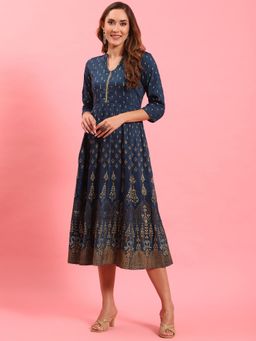 Shree - Women Poly Viscose Blue Ornamental Printed Dress