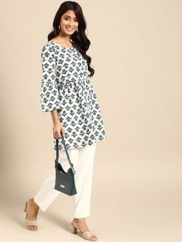 Rangmayee - Women White & Green Sanganeri Block Print A-Line Kurti
