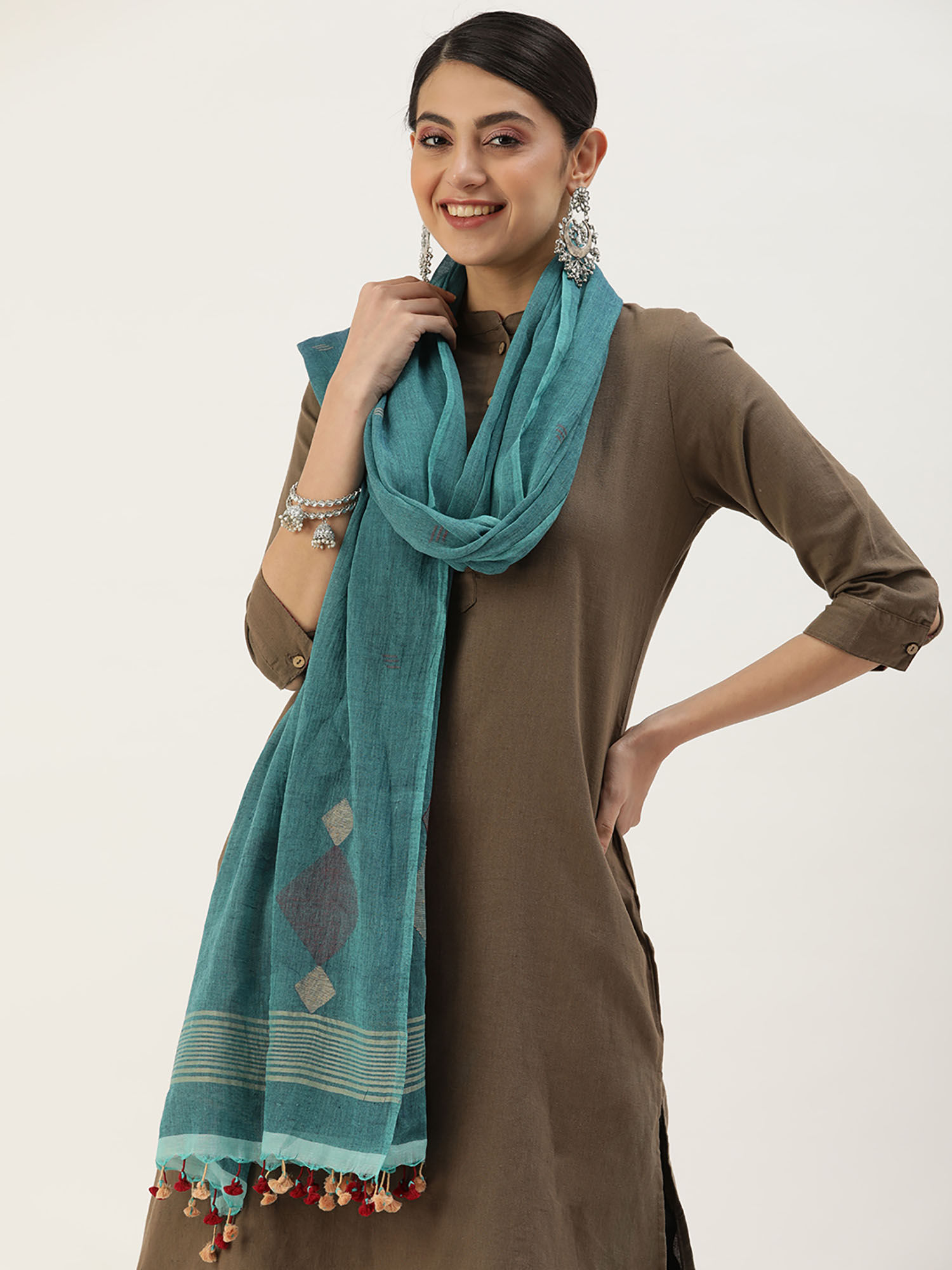 arteastri Teal Cotton Jamdani Dupatta-picture-5