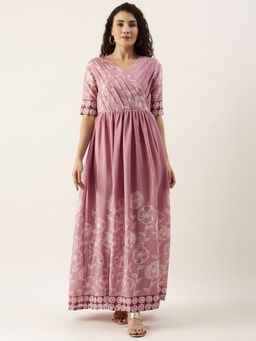 Ethnovog - Ready To Wear Pink Foil Print Chinnon Pleated Yoke Dress