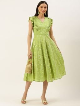 Ethnovog - Ready To Wear Green Foil Printed Knife Pleated Style Dress