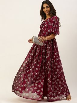 Ethnovog - Ready To Wear Maroon Satin Blend Foil Printed Slit Maxi Dress