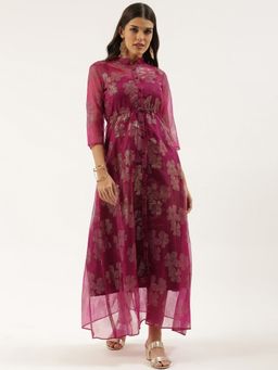 Ethnovog - Ready To Wear Purple Foil Print Jacket Style Dress (Set of 2)