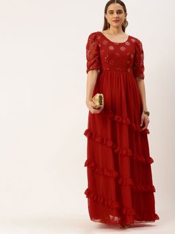 Ethnovog - Ready To Wear Red Georgette Embroidered Maxi Dress