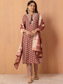 Indya - Purple Batik Print Gota Embroidered Muslin Kurta (Set of 3)